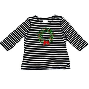 Alfred Dunner B/W Striped Christmas Wreath Tee